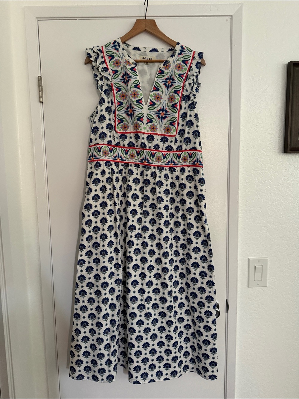 Boden White Maxi Dress with Navy Print and Multicolor Embroidery